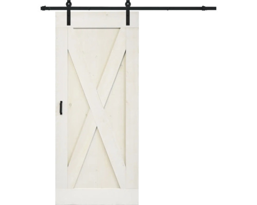 Weisse Schiebetür aus Holz mit X-förmigem Design und schwarzer Schiene
