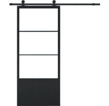 Porte coulissante avec trois panneaux de verre et un panneau inférieur