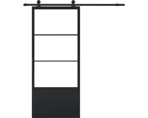 Porte coulissante avec trois panneaux de verre et un panneau inférieur