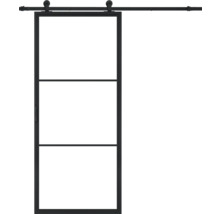 Porte coulissante avec trois panneaux et rail de roulement