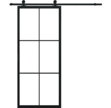 Porte coulissante avec cadre en acier et six panneaux de verre