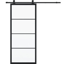 Porte coulissante avec quatre panneaux et cadre métallique
