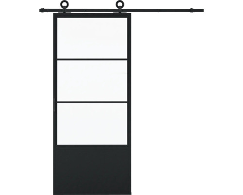 Porte coulissante avec cadre en acier et inserts en verre