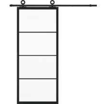 Porte coulissante avec quatre panneaux et rail de roulement
