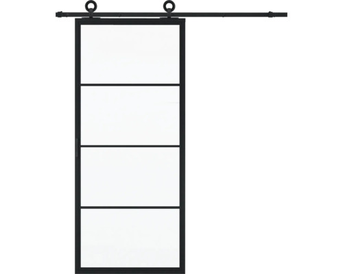 Porte coulissante avec quatre panneaux et rail de roulement