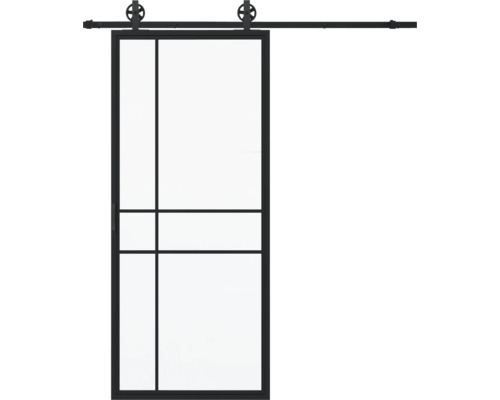Porte coulissante avec cadre en acier et insert en verre