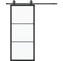 Porte coulissante avec trois panneaux de verre et ferrures