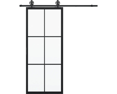 Porte coulissante à six carreaux avec cadre noir