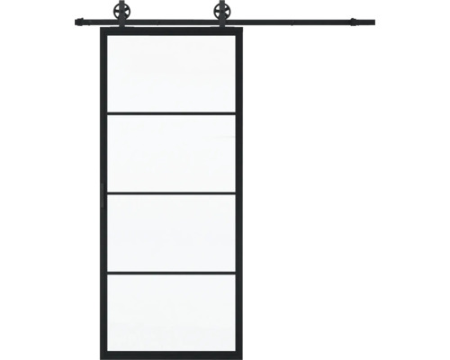 Porte coulissante avec quatre champs et kit de ferrures