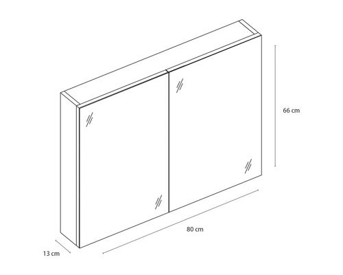 Draufsicht eines Spiegelschranks mit zwei Türen und Maßangaben (Höhe: 66 cm, Breite: 80 cm, Tiefe: 13 cm)