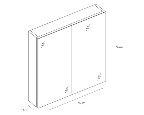 Technische Zeichnung eines Spiegelschranks mit den Massen 66 cm Höhe, 60 cm Breite und 13 cm Tiefe
