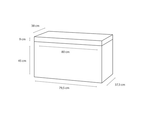 Skizze einer Aufbewahrungsbox mit den Maßen 80 x 38 x 45 cm