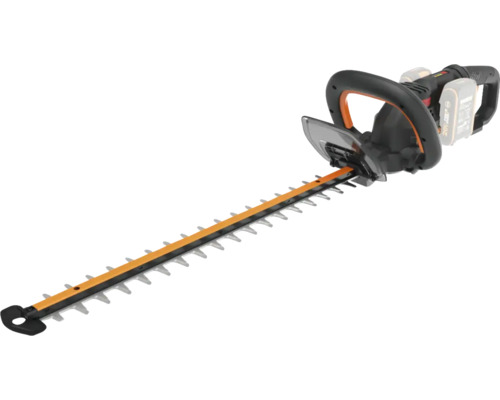 Akkubetriebene Heckenschere mit Schutzvorrichtung und Schneidklinge.