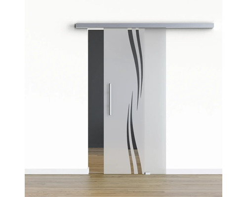 Porte vitrée coulissante Pertura set complet Glera Swirl 1025x2175 mm y compris ferrure Selir aluminium aspect inox, poignée barre