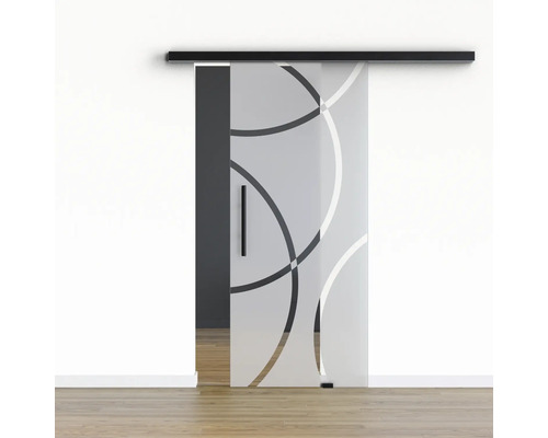Porte vitrée coulissante Pertura set complet Glera Loop 01 1025x2050 mm y compris ferrure Selir aluminium noir, poignée barre