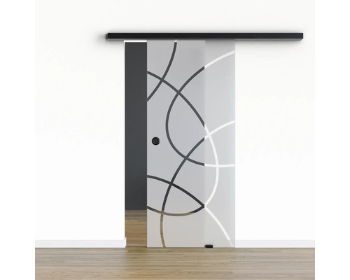 Porte vitrée coulissante Pertura set complet Glera Loop 03 1025x2050 mm y compris ferrure Selir aluminium noir, poignée encastrée