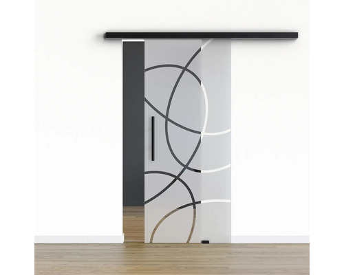 Porte vitrée coulissante Pertura set complet Glera Loop 04 1025x2050 mm y compris ferrure Selir aluminium noir, poignée barre