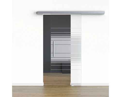 Porte vitrée coulissante Pertura set complet Glera Horizon 1025x2175 mm y compris ferrure Selir aluminium aspect inox, poignée barre