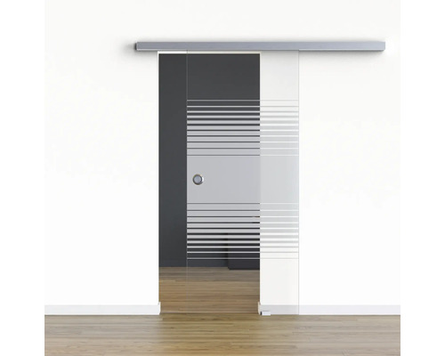 Porte vitrée coulissante Pertura set complet Glera Strata 1025x2050 mm y compris ferrure Selir aluminium aspect inox, poignée encastrée