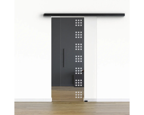 Porte vitrée coulissante Pertura set complet Glera Carré 02 1025x2175 mm y compris ferrure Selir aluminium noir, poignée barre