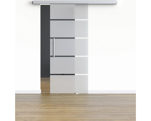 Porte vitrée coulissante Pertura set complet Glera 4 Stripes 900x2175 mm y compris ferrure Selir aluminium naturel, poignée barre