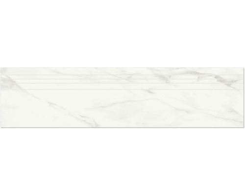 Feinsteinzeug Stufenfliese Eterna white poliert 29.5x120 cm Weiße Marmorfliese mit drei Rillen
