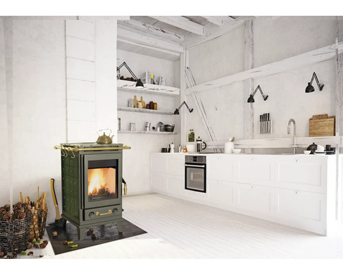Cuisine claire avec poêle à bois, évier et appareils de cuisine