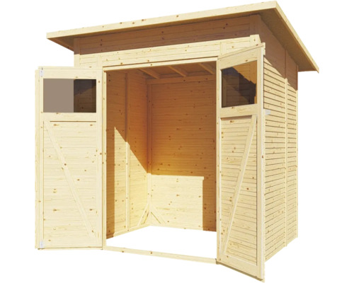 Abri de jardin en bois ouvert avec fenêtres dans les portes