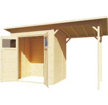 Holzgartenhaus mit offenstehenden Türen und Vordach