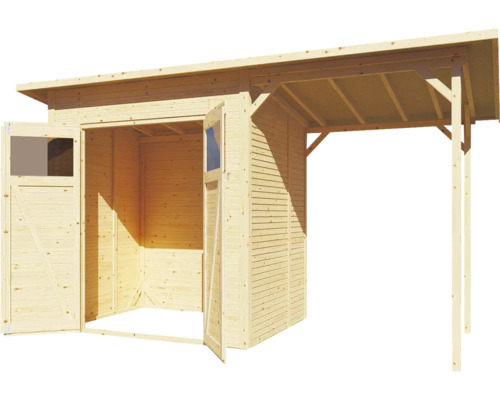 Abri de jardin en bois avec portes ouvertes et auvent