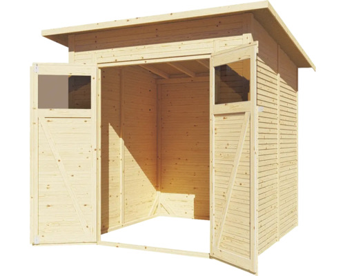 Abri de jardin en bois ouvert avec double porte et fenêtres.