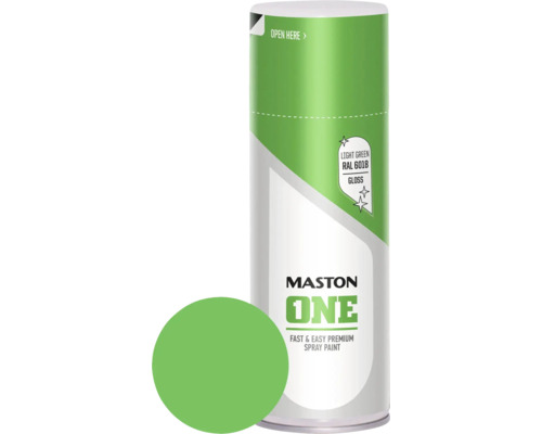 Maston Laque à pulvériser ONE brillant vert clair 400 ml Bombe de peinture aérosol Maston One avec échantillon de couleur vert clair RAL 6018