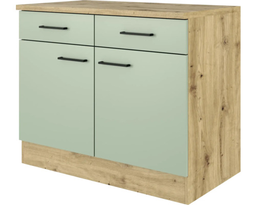 Unterschrank mit Schublade und Drehtür Flex Well Cara BxTxH 100x60x85 cm Front schilfgrün - Korpus artisan eiche