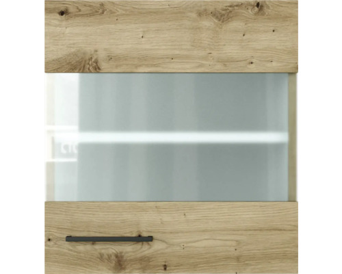 Vue détaillée d''une façade de meuble avec structure en bois, insert en verre et poignée