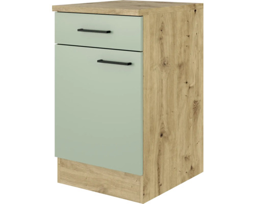 Meuble bas avec tiroir et porte pivotante Flex Well Cara lxpxh 50x60x85 cm façade vert jonc - corps chêne artisanal