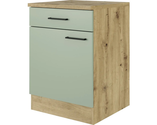 Meuble bas avec tiroir et porte pivotante Flex Well Cara lxpxh 60x60x85 cm façade vert jonc - corps chêne artisanal