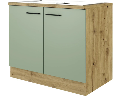 Meuble sous-évier avec évier Flex Well Cara lxpxh 100x60x85 cm façade vert jonc - corps chêne artisanal