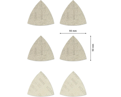 Six feuilles abrasives triangulaires, grain 180, longueur d''arête 93 millimètres, pour ponceuses triangulaires