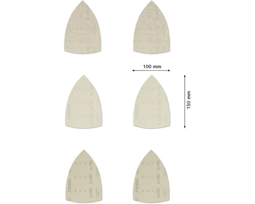 Six feuilles abrasives de forme triangulaire mesurant 100 sur 150 millimètres
