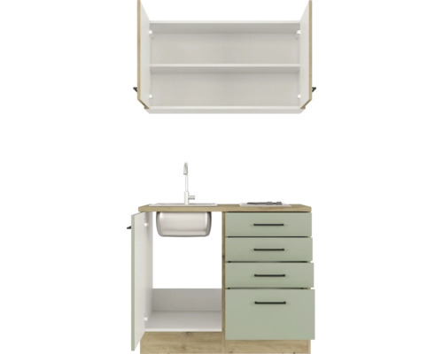 Kompakte Küchenzeile mit Spüle, Schubladen und Hängeschrank zur platzsparenden Küchengestaltung.