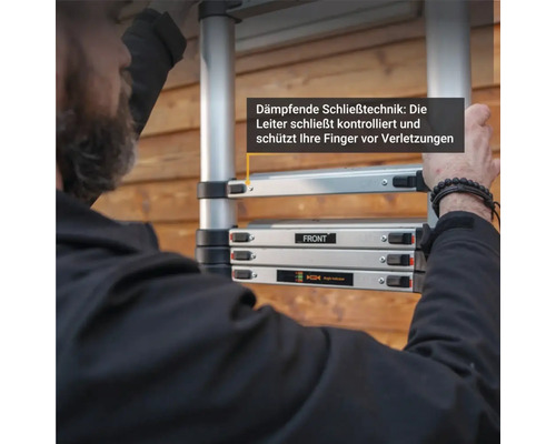 Teleskopleiter mit Dämpfungstechnik für kontrolliertes Schließen und Schutz der Finger vor Verletzungen