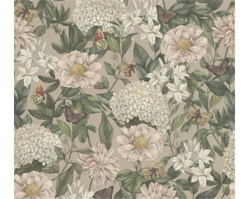 Papier peint intissé Drawn into Nature floral rose vert blanc Papier peint avec motif floral et papillons