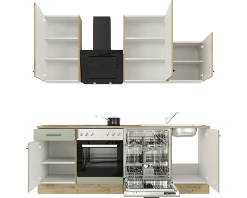 Küchenzeile mit Hängeschränken, Dunstabzugshaube, Herd, Spüle und Geschirrspüler