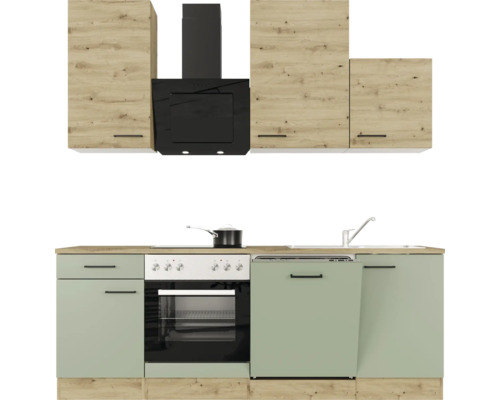 Komplette Küche mit Ober- und Unterschränken, Dunstabzugshaube, Spüle und Elektrogeräten