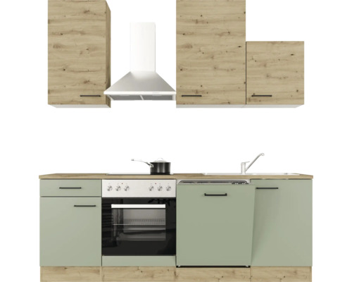 Cuisine avec éléments hauts, hotte aspirante, évier, cuisinière et four