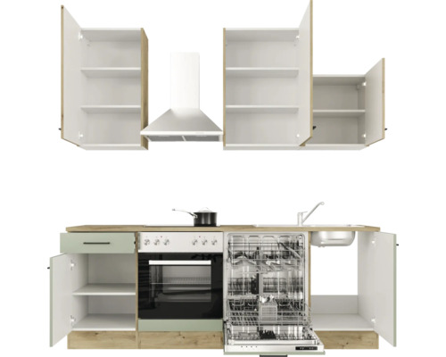 Cuisine complète avec évier, lave-vaisselle, four, plaque de cuisson, hotte et armoires