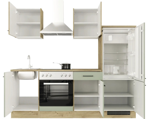 Komplette Küchenzeile mit Spüle, Herd, Kühlschrank und Dunstabzugshaube