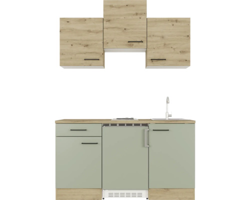 Cuisine équipée avec meubles bas, évier, plaque de cuisson et meubles hauts au design moderne