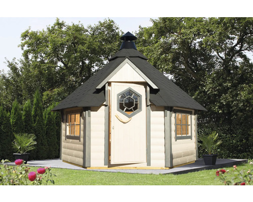 Finnhaus Grillkota Basic 6.7 avec bardeaux de toit noirs - plancher - installation de barbecue 320x277 cm nature