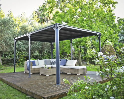 Scène de jardin avec pavillon, mobilier de salon et terrasse en bois